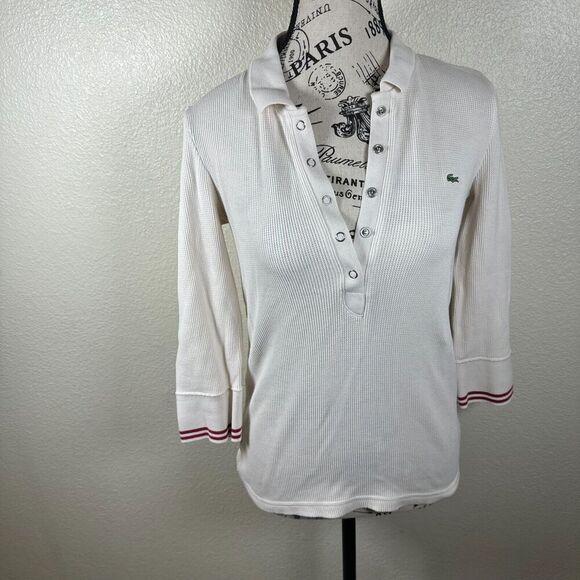 Lacoste Tops - Lacoste Women's Waffle Knit Henley 3/4 Sleeve Shirt Snap Button Preppy Size 36